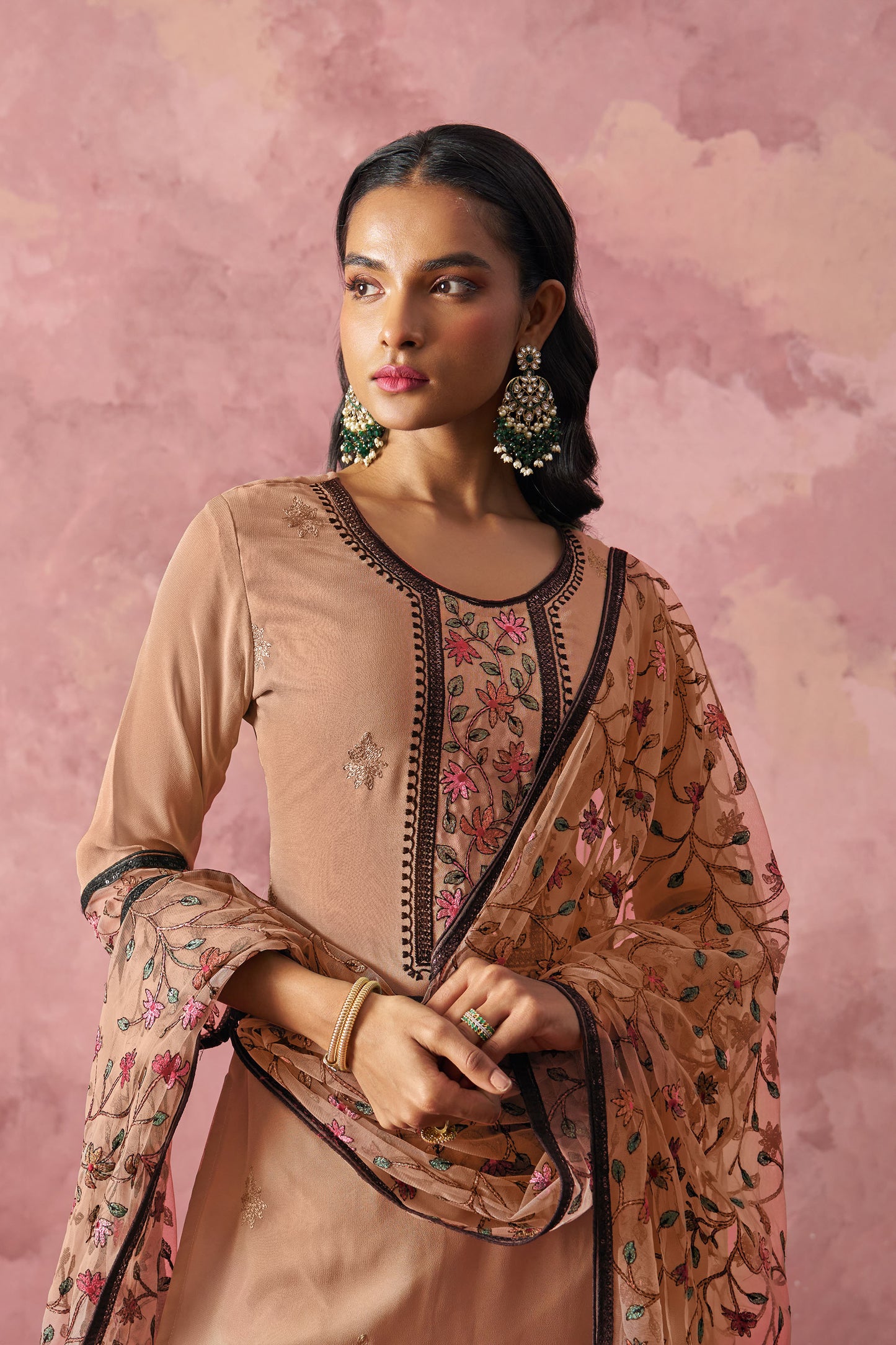 Brown Georgette Sequins Embroidered Kurta Set