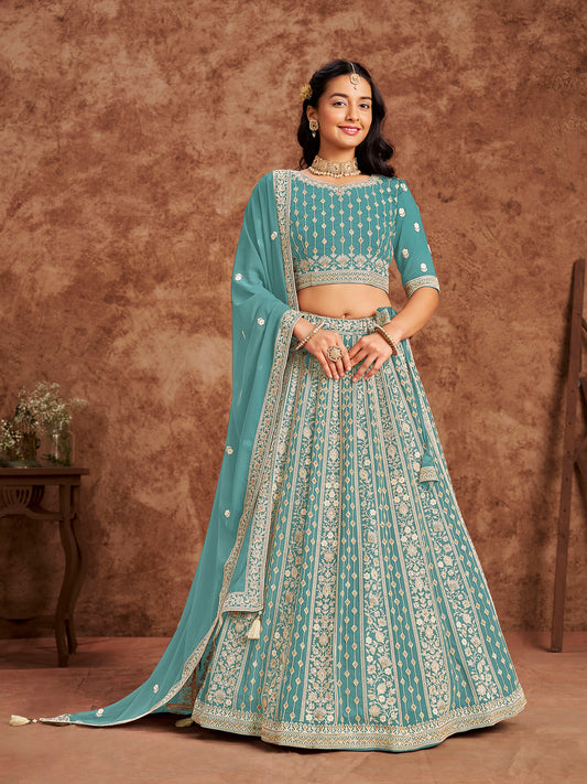 Blue Sequins & Chikan Embroidered Faux Georgette Lehenga