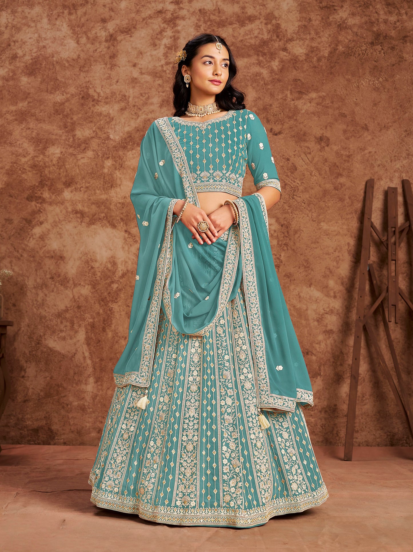 Blue Sequins & Chikan Embroidered Faux Georgette Lehenga