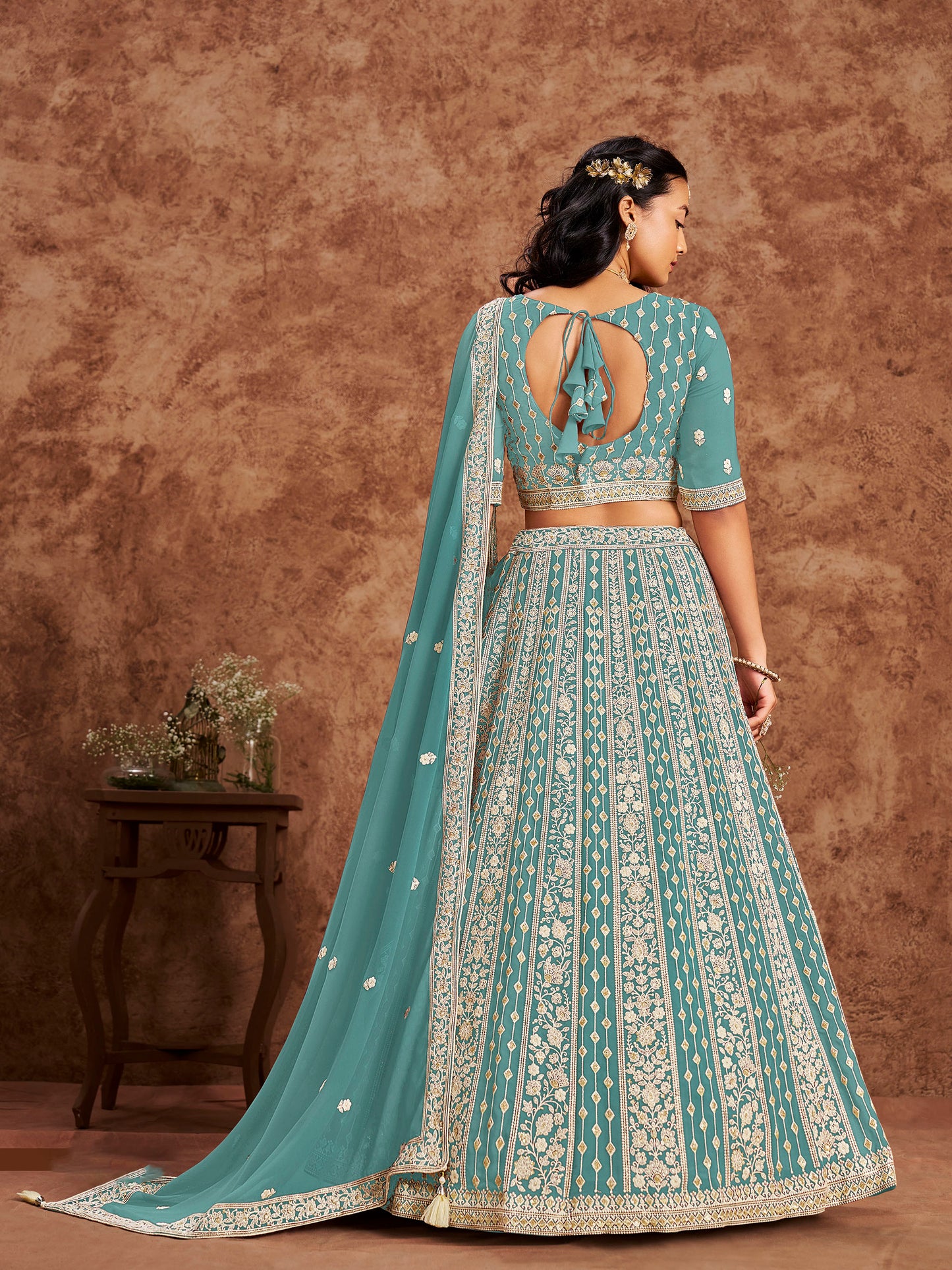 Blue Sequins & Chikan Embroidered Faux Georgette Lehenga