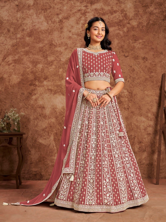 Onion Pink Sequins & Chikan Embroidered Faux Georgette Lehenga