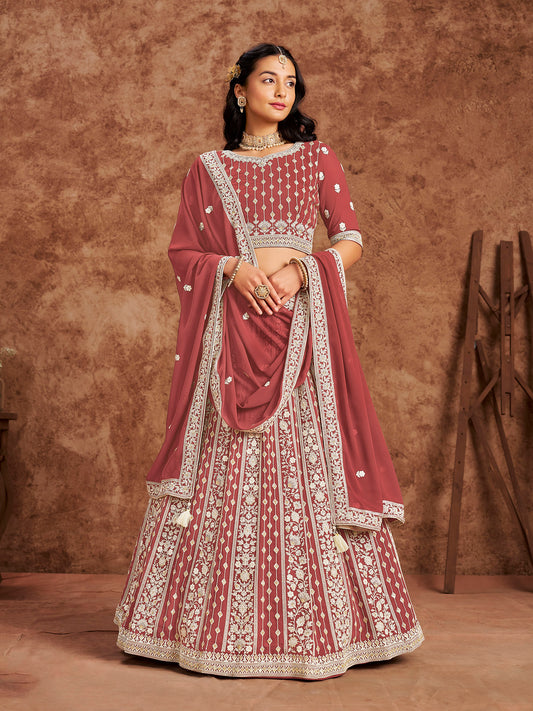 Onion Pink Sequins & Chikan Embroidered Faux Georgette Lehenga