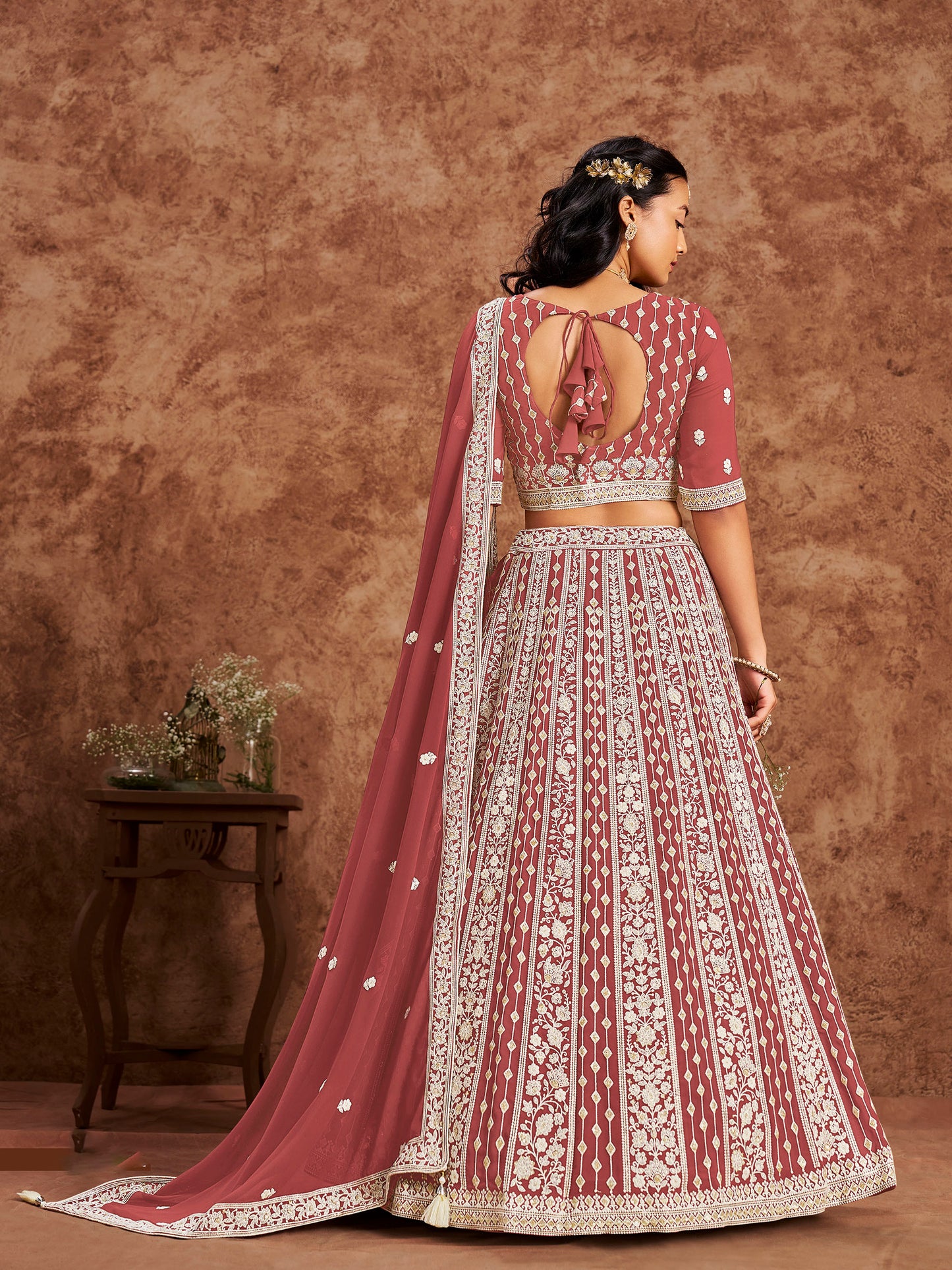 Onion Pink Sequins & Chikan Embroidered Faux Georgette Lehenga