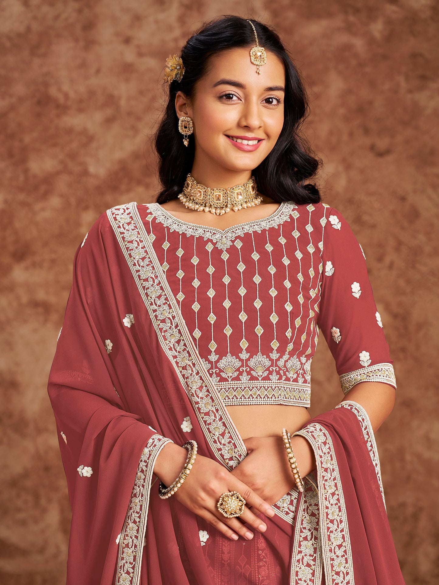 Onion Pink Sequins & Chikan Embroidered Faux Georgette Lehenga