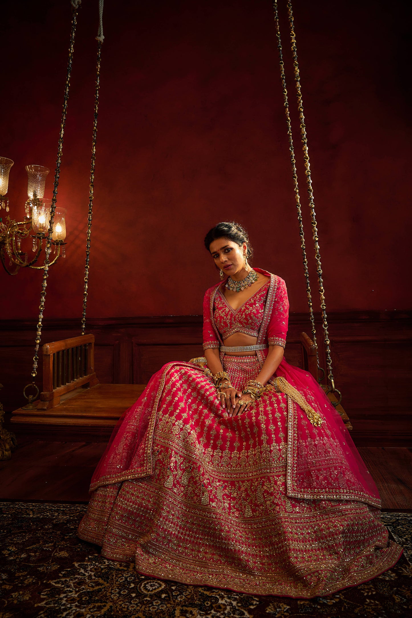 Rani Pink Raw Silk Hand & Machine Embroidered Lehenga Set