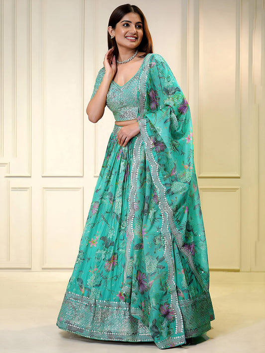 Blue Organza Zari & Sequins Embroidered Wedding Guest Lehenga