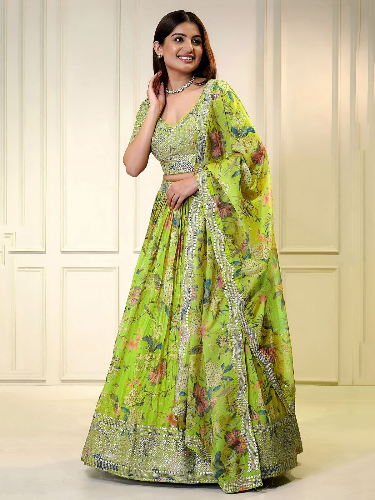 Neon Green Organza Zari & Sequins Embroidered Wedding Guest Lehenga