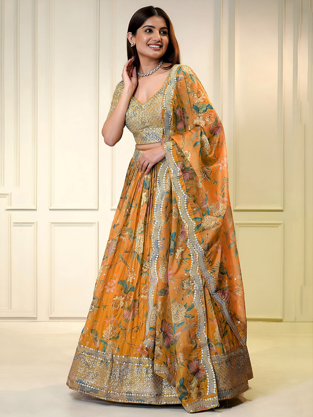 Orange Organza Zari & Sequins Embroidered Wedding Guest Lehenga