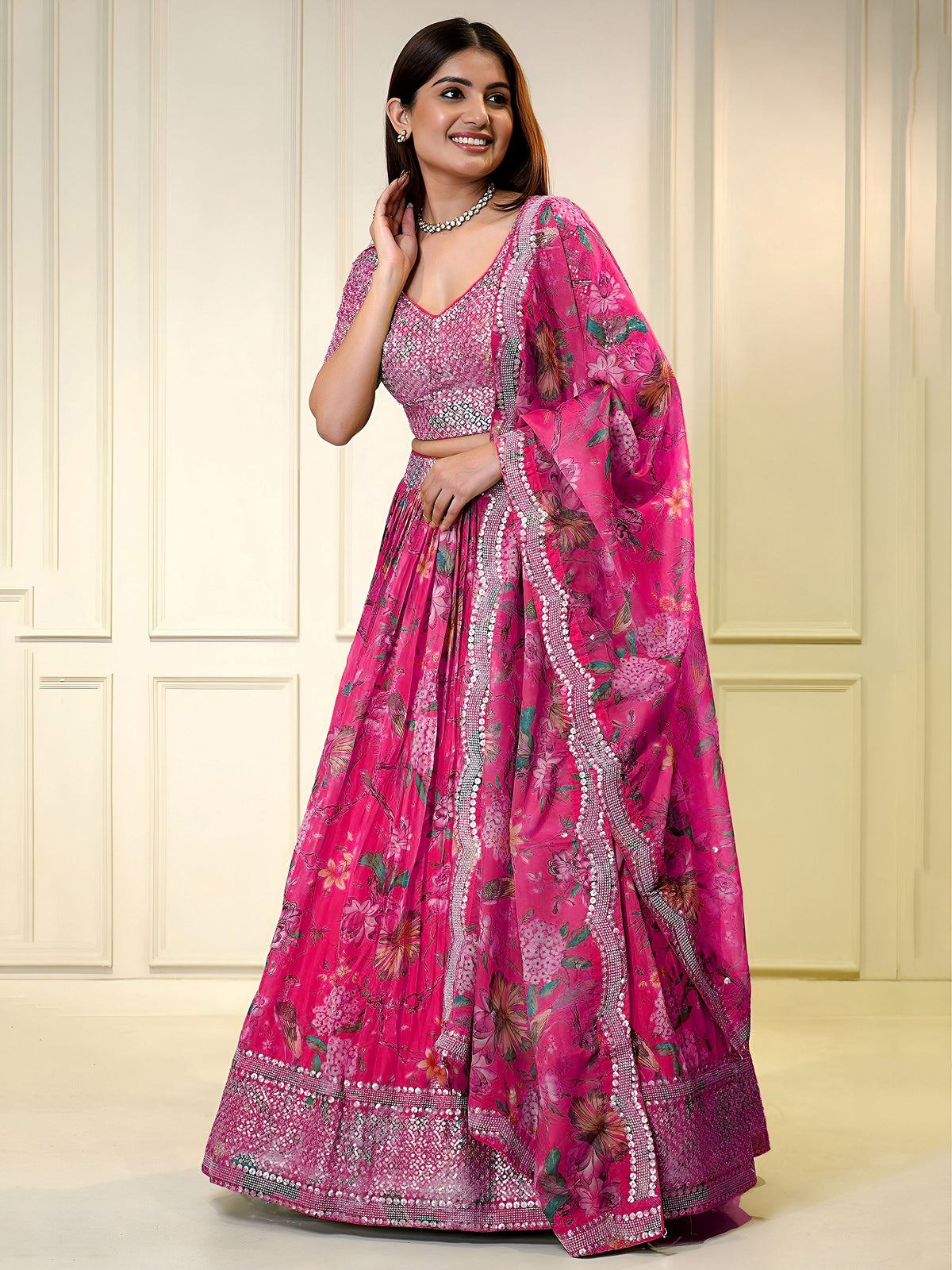 Pink Organza Zari & Sequins Embroidered Wedding Guest Lehenga