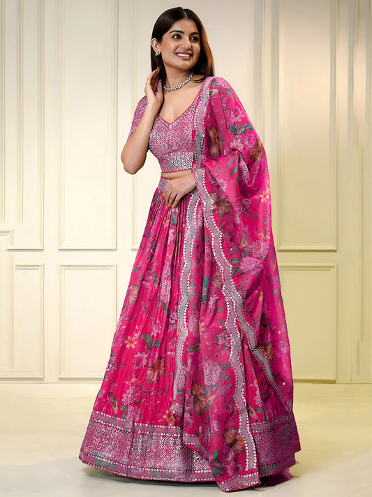 Pink Organza Zari & Sequins Embroidered Wedding Guest Lehenga