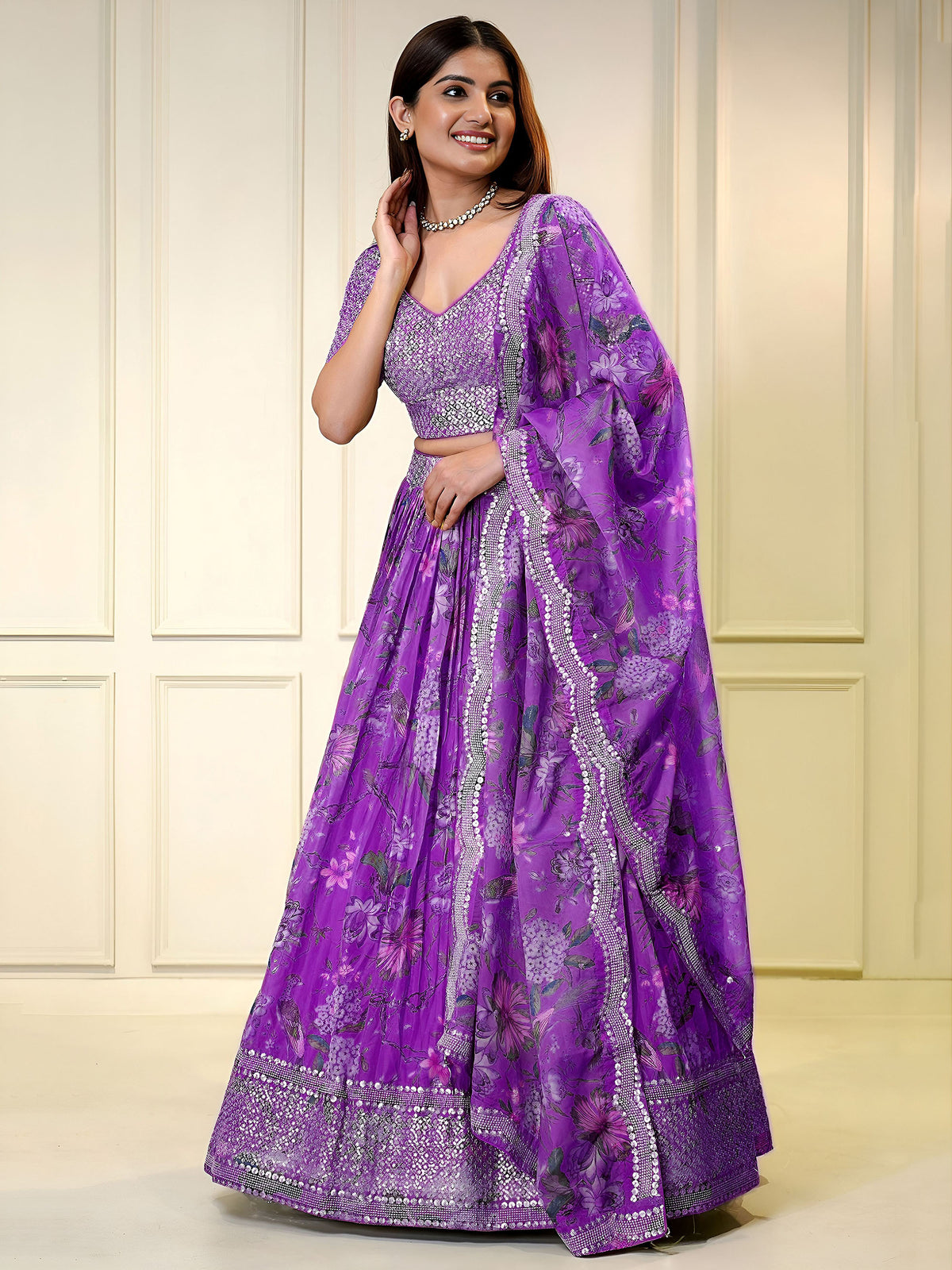 Purple Organza Zari & Sequins Embroidered Wedding Guest Lehenga