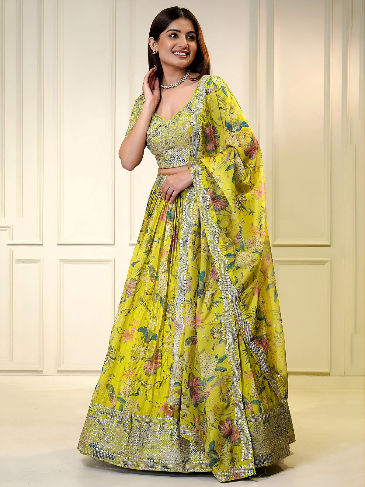 Yellow Organza Zari & Sequins Embroidered Wedding Guest Lehenga for Haldi