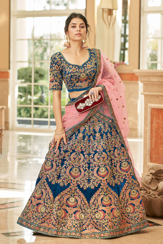 Maroon Velvet Heavy Thread & Zari Embroidered Bridal Lehenga