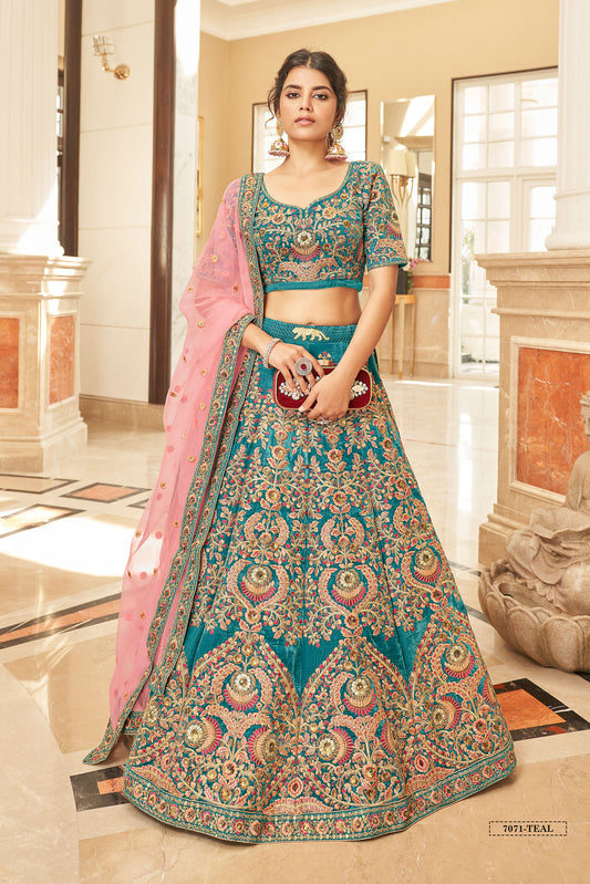 Teal Blue Velvet Heavy Thread & Zari Embroidered Bridal Lehenga