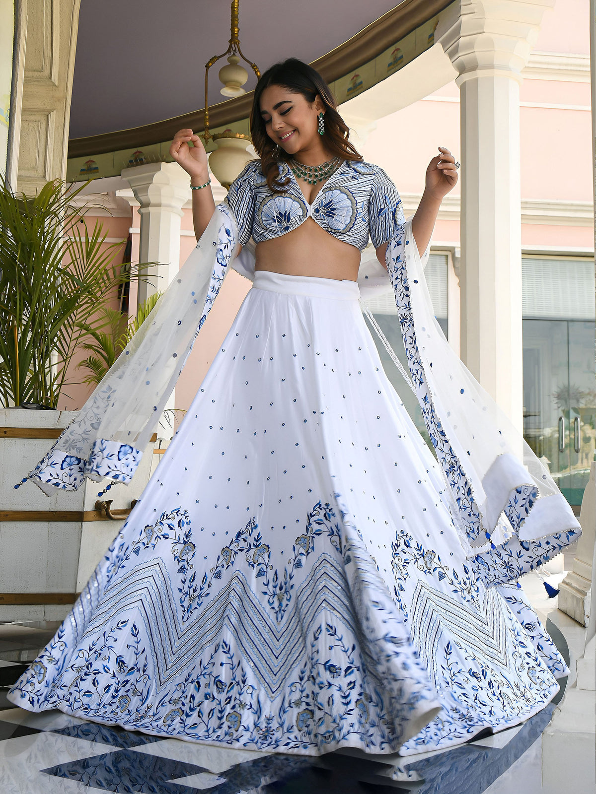 White Satin Zari & Thread Embroidered Festive Lehenga Choli