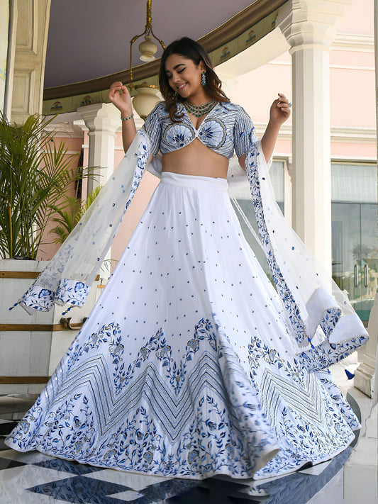 White Satin Zari & Thread Embroidered Festive Lehenga Choli
