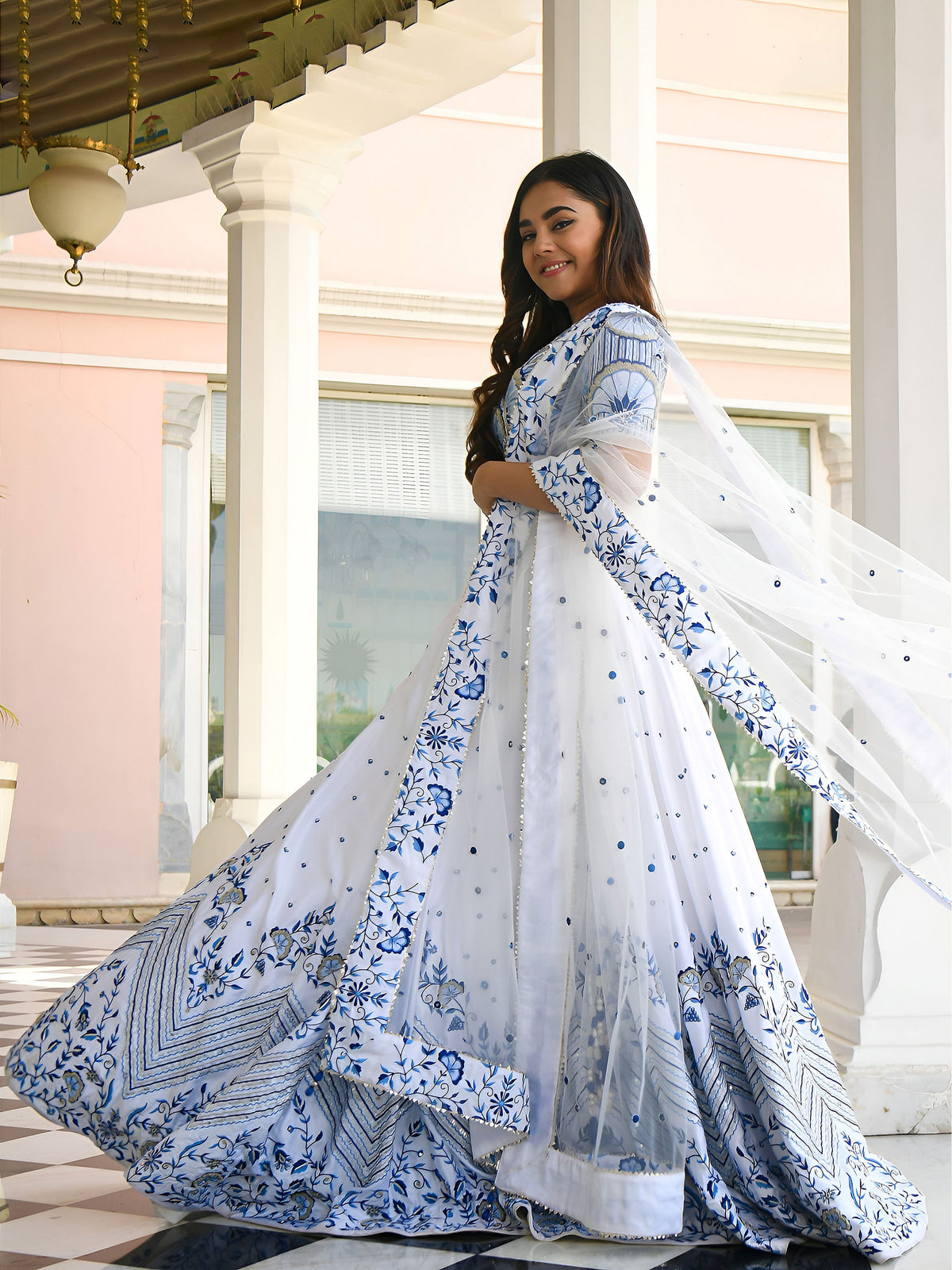 White Satin Zari & Thread Embroidered Festive Lehenga Choli
