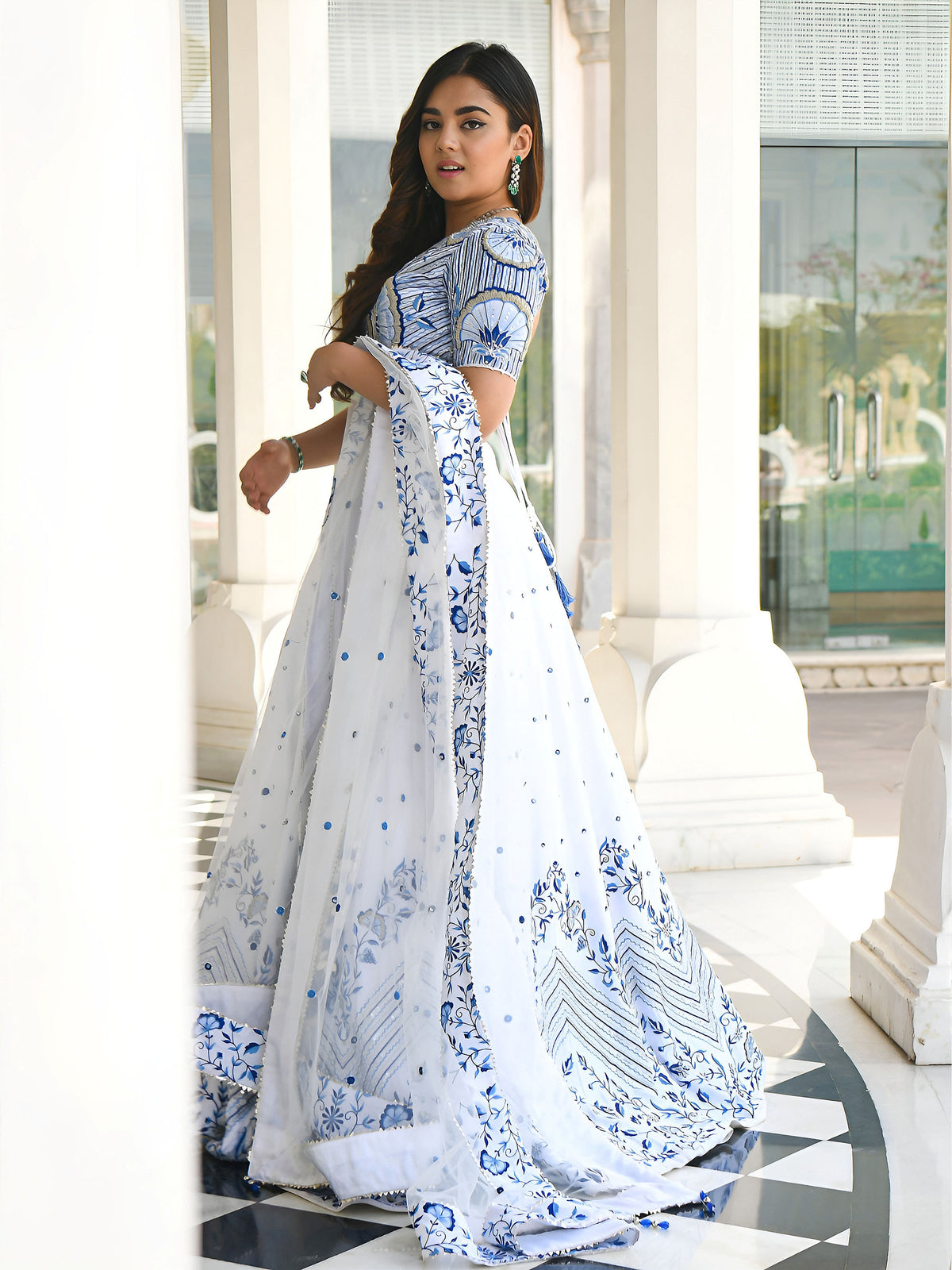 White Satin Zari & Thread Embroidered Festive Lehenga Choli
