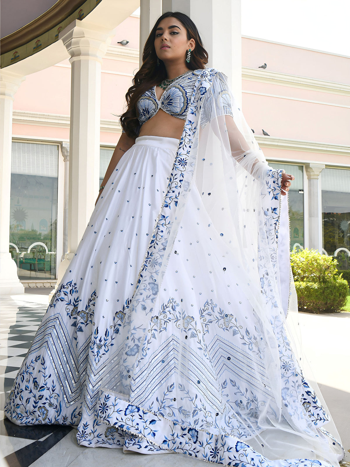 White Satin Zari & Thread Embroidered Festive Lehenga Choli