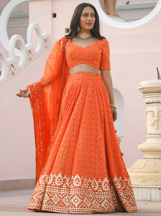 Orange Georgette Sequins & Gota Patti Embroidered Festive Lehenga Choli