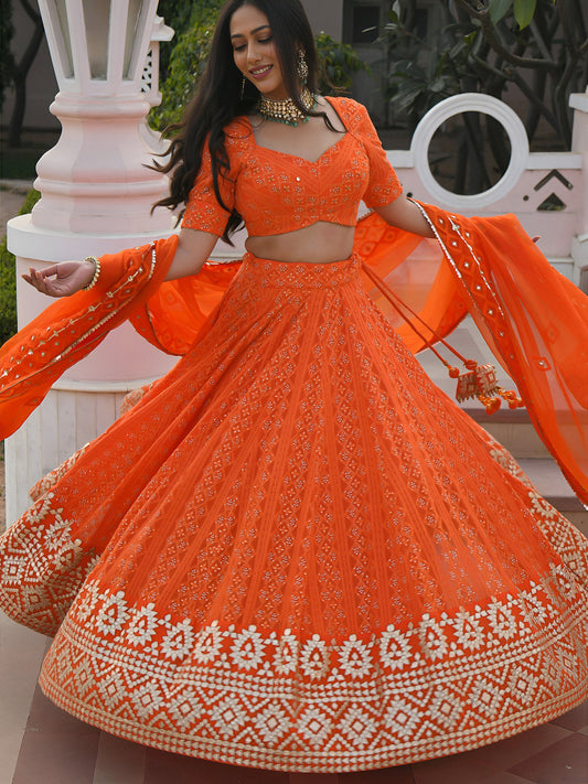 Orange Georgette Sequins & Gota Patti Embroidered Festive Lehenga Choli