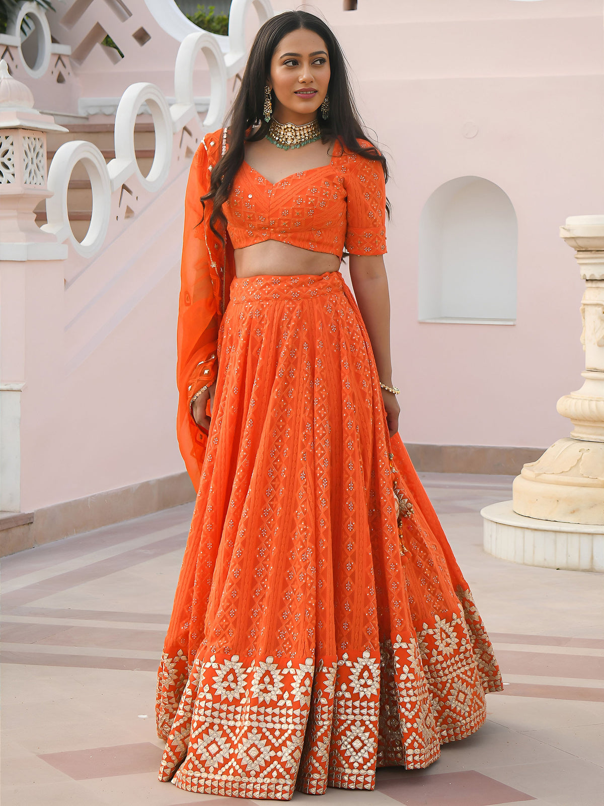 Orange Georgette Sequins & Gota Patti Embroidered Festive Lehenga Choli