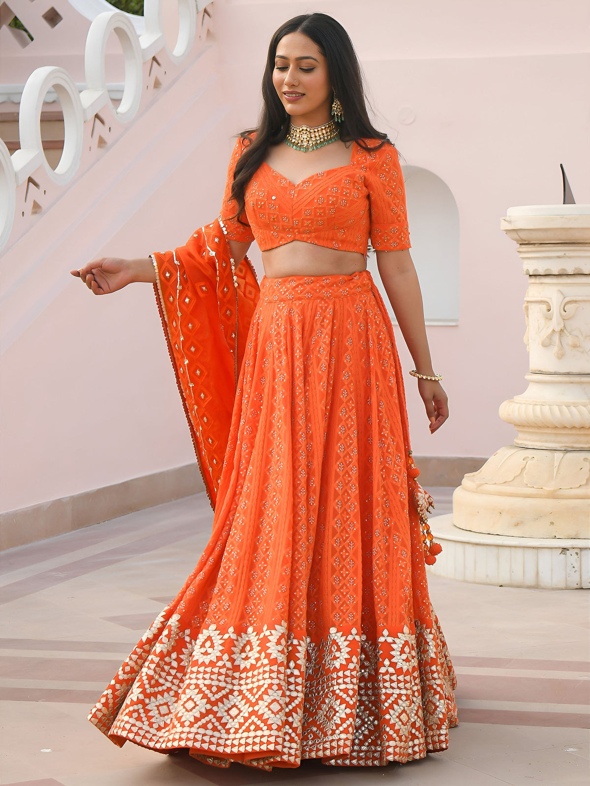 Orange Georgette Sequins & Gota Patti Embroidered Festive Lehenga Choli