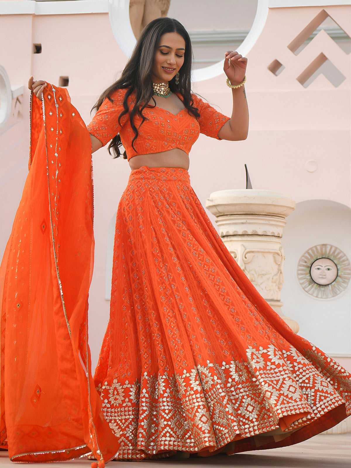 Orange Georgette Sequins & Gota Patti Embroidered Festive Lehenga Choli
