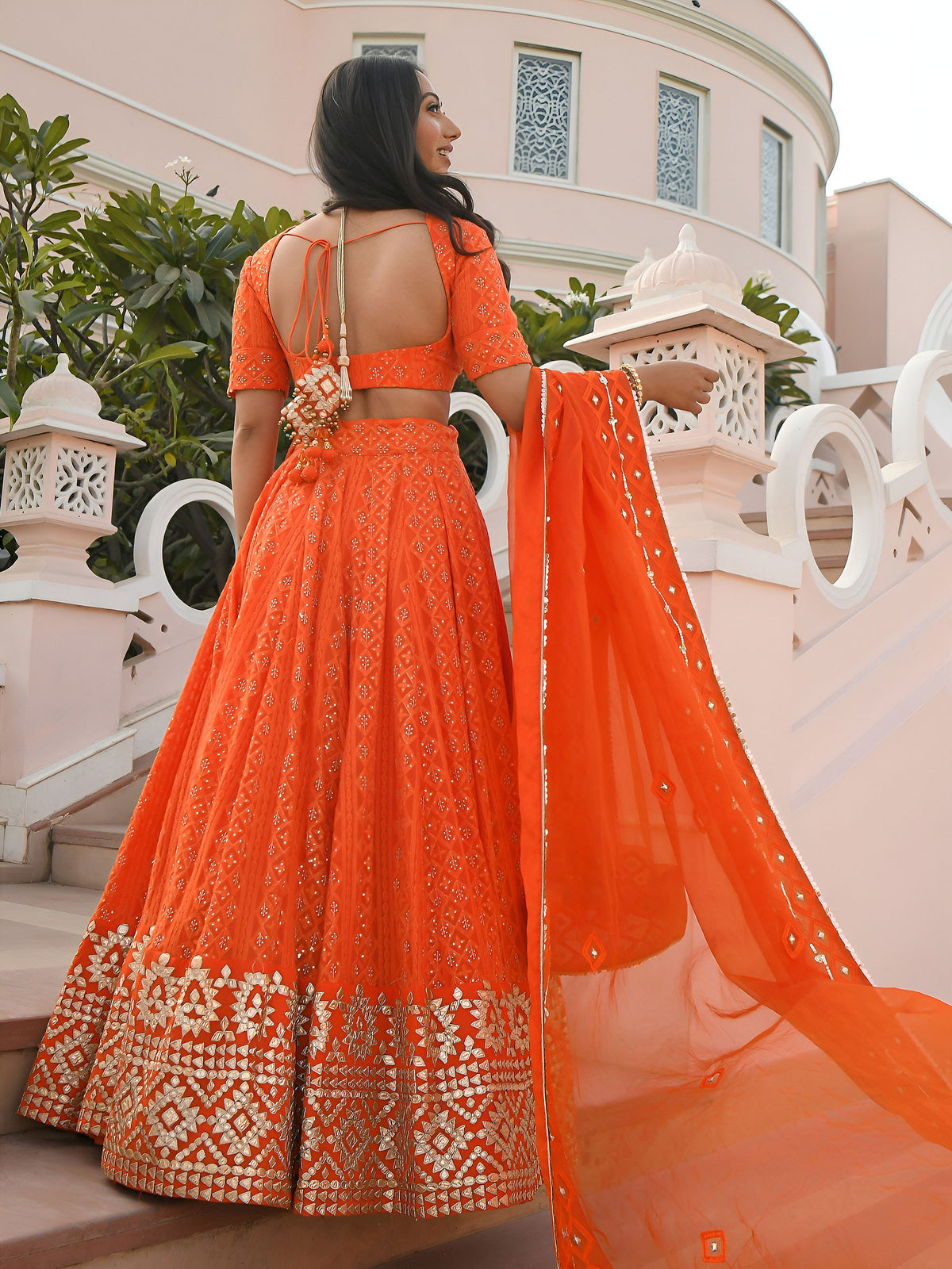 Orange Georgette Sequins & Gota Patti Embroidered Festive Lehenga Choli