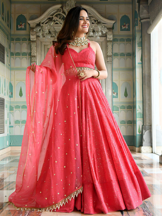 Pink Sequins & Thread Embroidered Georgette Sangeet Lehenga Choli for Bridesmaid