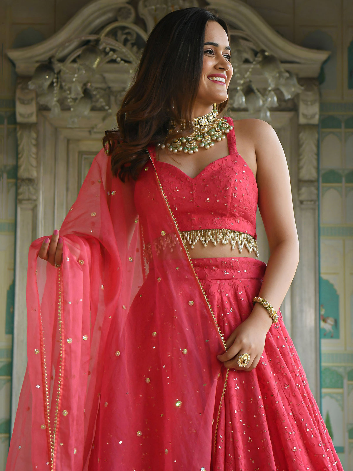 Pink Sequins & Thread Embroidered Georgette Sangeet Lehenga Choli for Bridesmaid