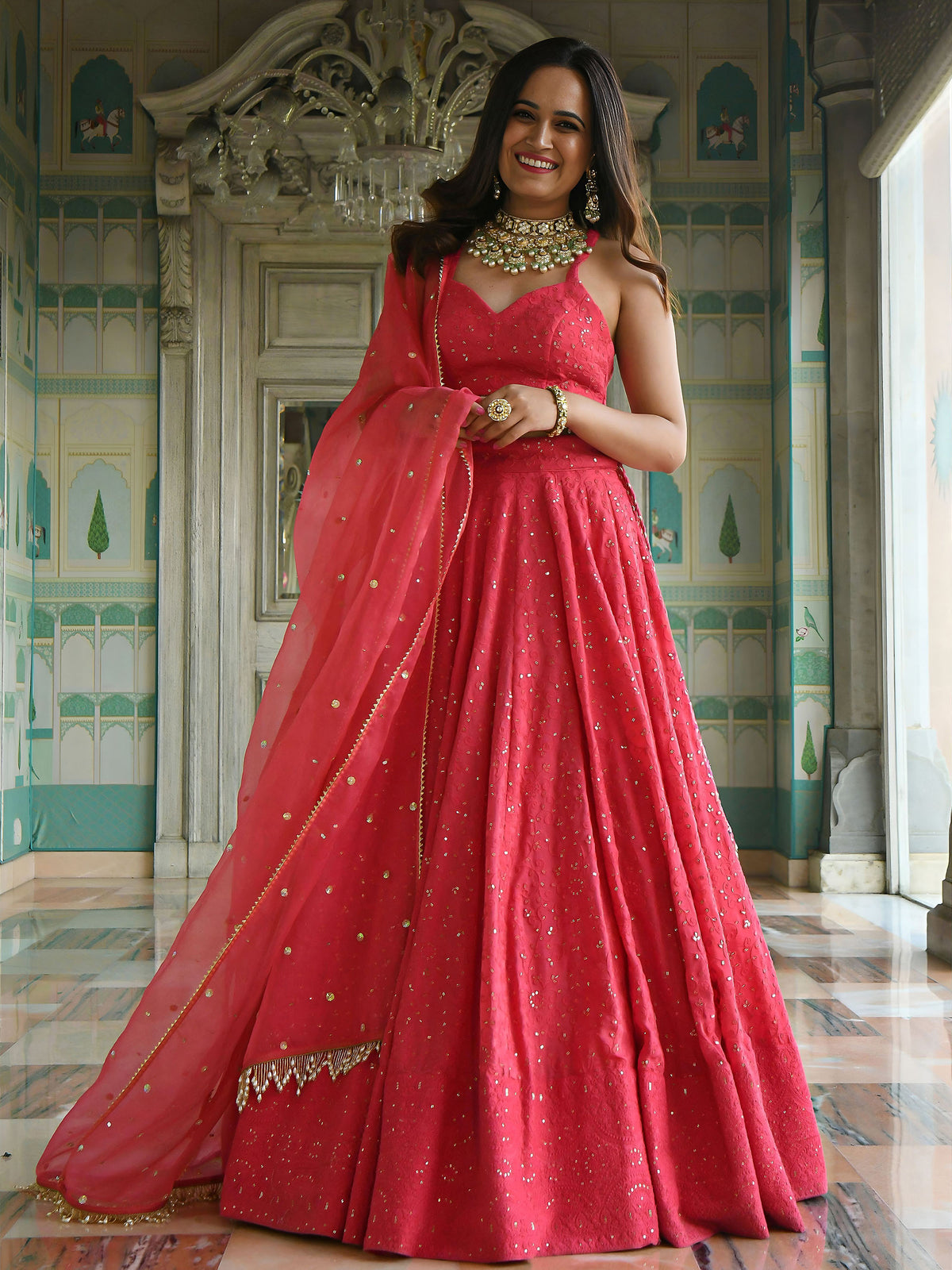 Pink Sequins & Thread Embroidered Georgette Sangeet Lehenga Choli for Bridesmaid