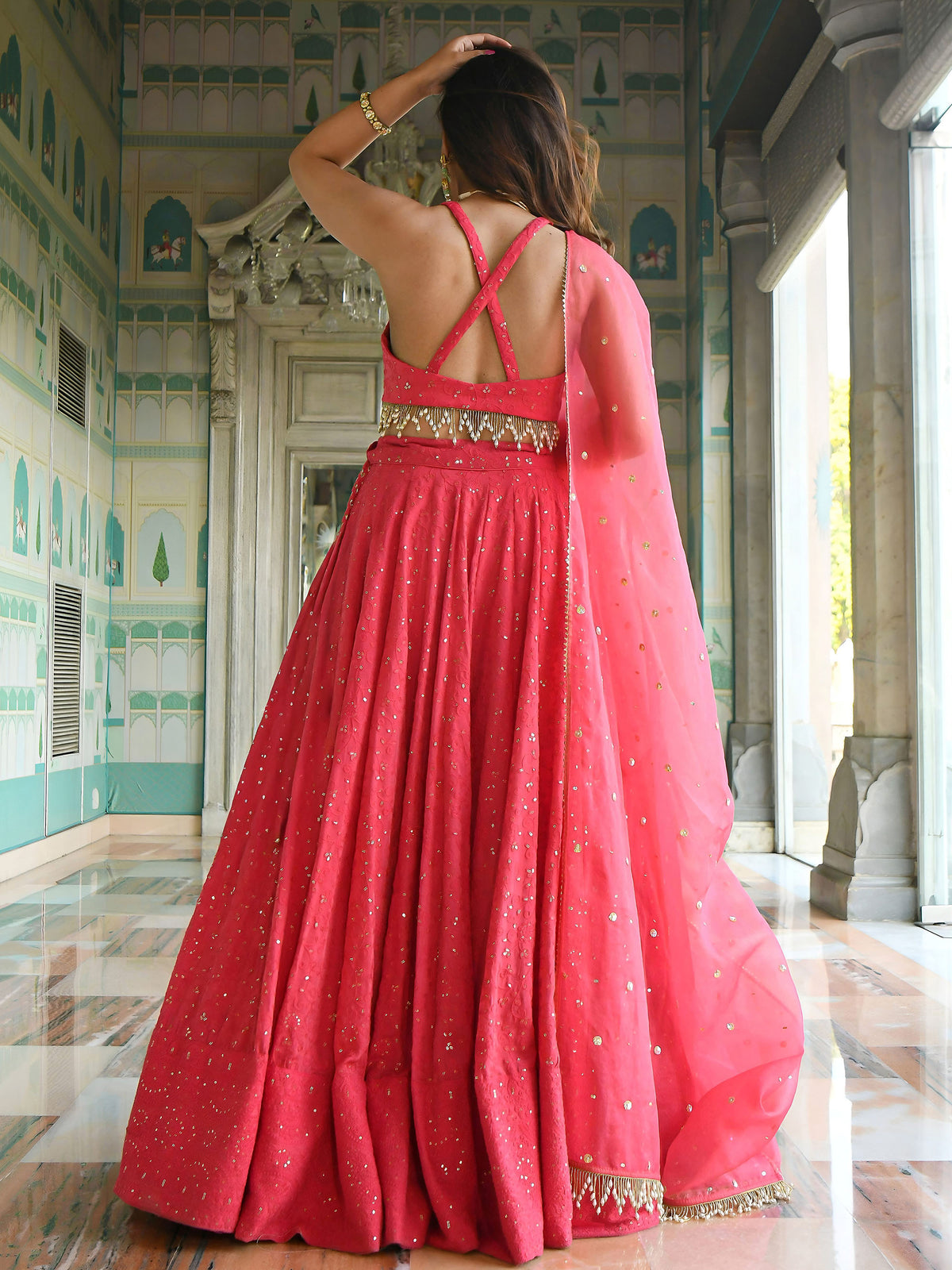 Pink Sequins & Thread Embroidered Georgette Sangeet Lehenga Choli for Bridesmaid