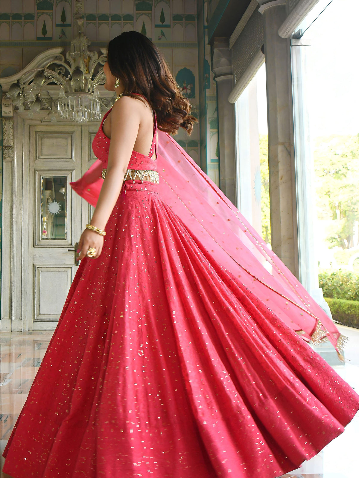 Pink Sequins & Thread Embroidered Georgette Sangeet Lehenga Choli for Bridesmaid