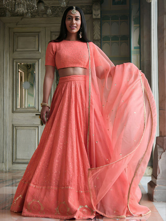 Peach Sequins & Thread Embroidered Georgette Sangeet Lehenga Choli for Bridesmaid