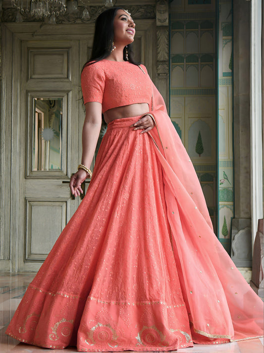 Peach Sequins & Thread Embroidered Georgette Sangeet Lehenga Choli for Bridesmaid