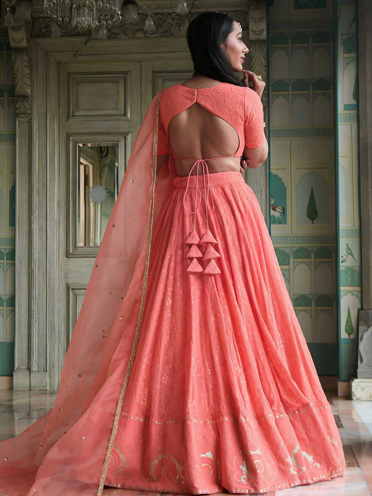 Peach Sequins & Thread Embroidered Georgette Sangeet Lehenga Choli for Bridesmaid