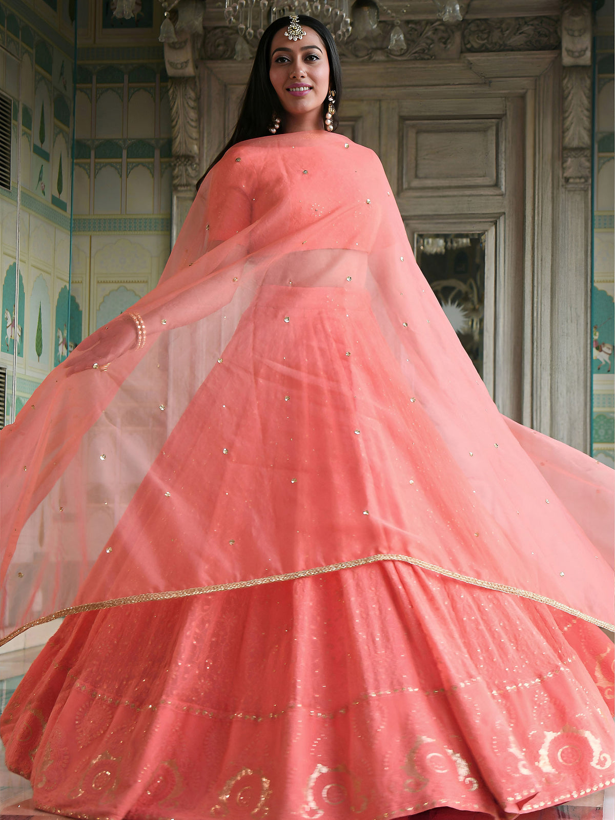 Peach Sequins & Thread Embroidered Georgette Sangeet Lehenga Choli for Bridesmaid