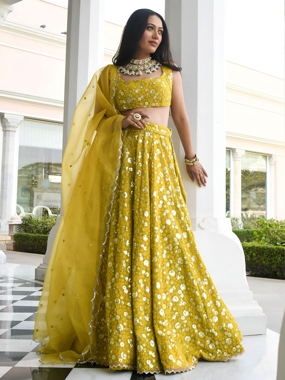 Olive Green Sequins & Thread Embroidered Georgette Mehendi Lehenga Choli