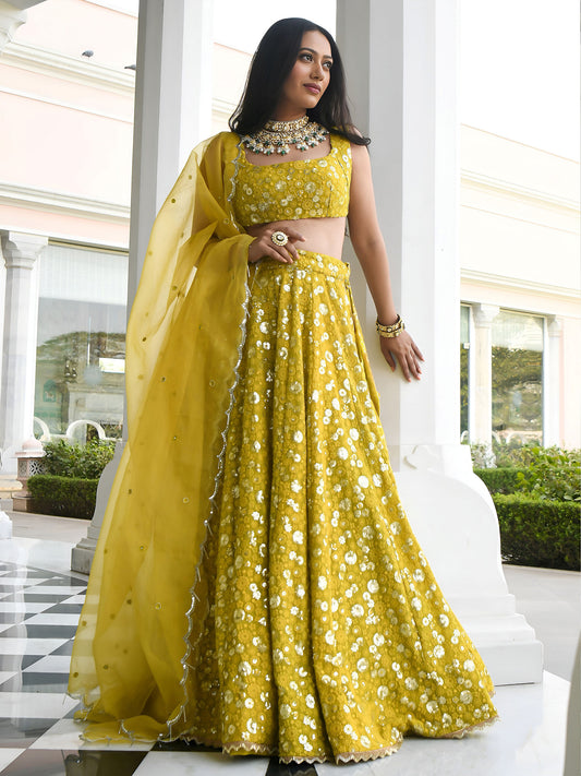 Olive Green Sequins & Thread Embroidered Georgette Mehendi Lehenga Choli