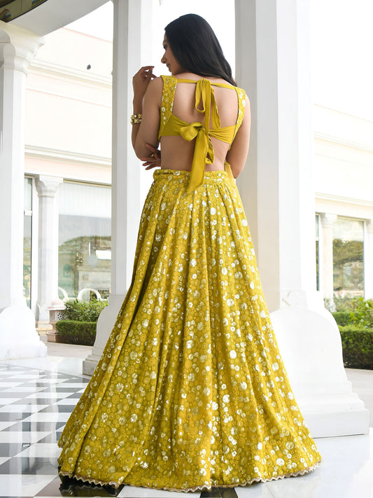 Olive Green Sequins & Thread Embroidered Georgette Mehendi Lehenga Choli