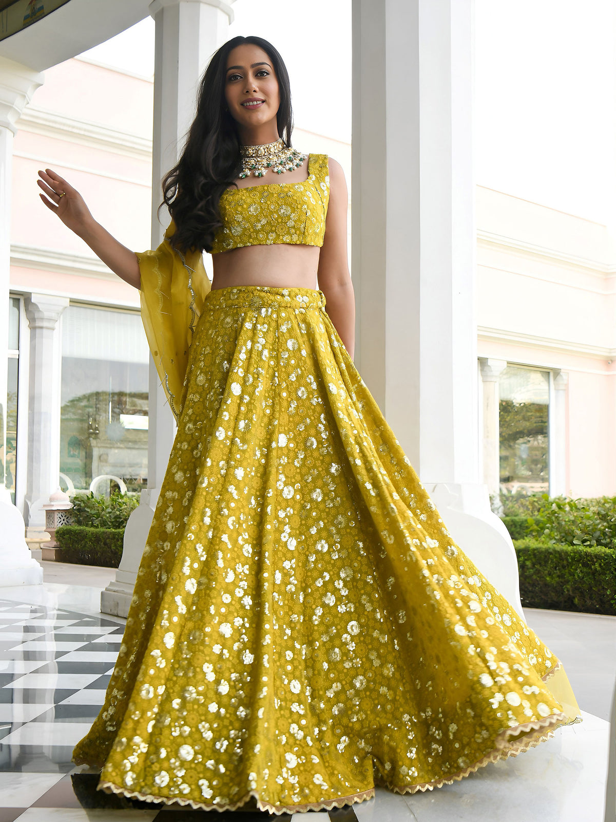 Olive Green Sequins & Thread Embroidered Georgette Mehendi Lehenga Choli