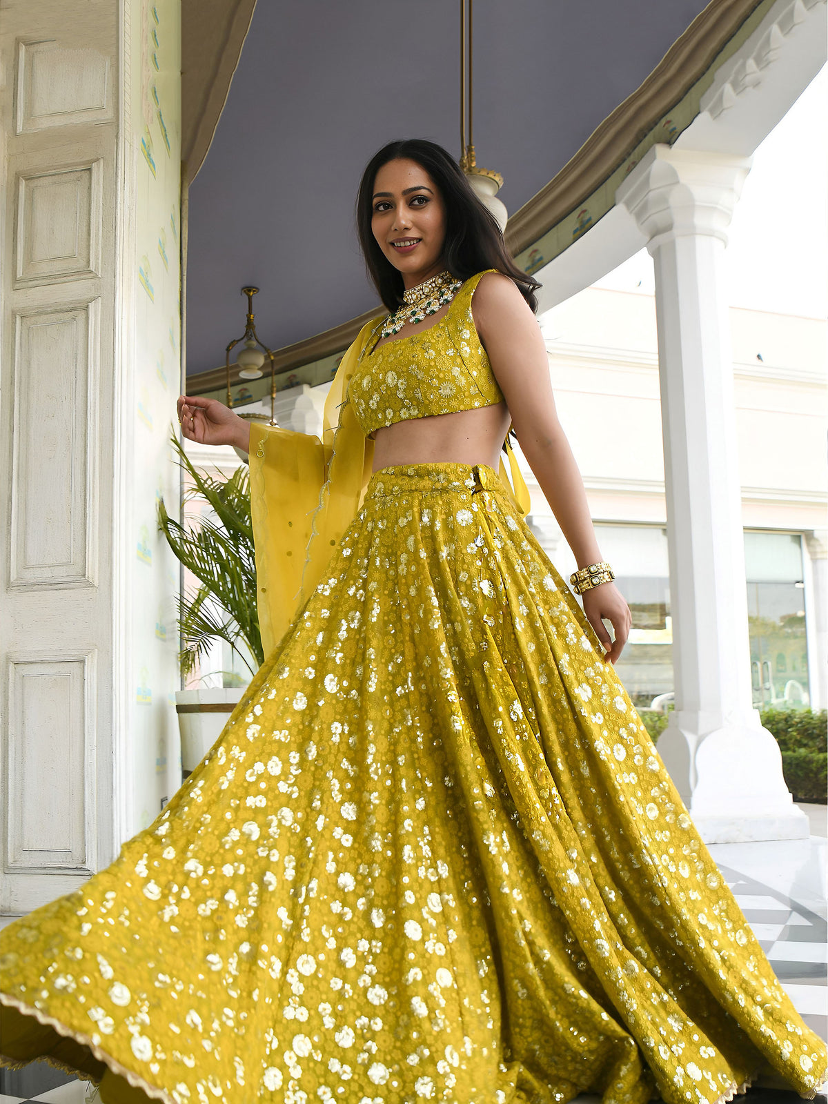 Olive Green Sequins & Thread Embroidered Georgette Mehendi Lehenga Choli