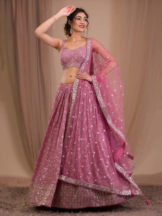 Pink Heavy Zari & Sequins Work Bridesmaid Lehenga for Engagement