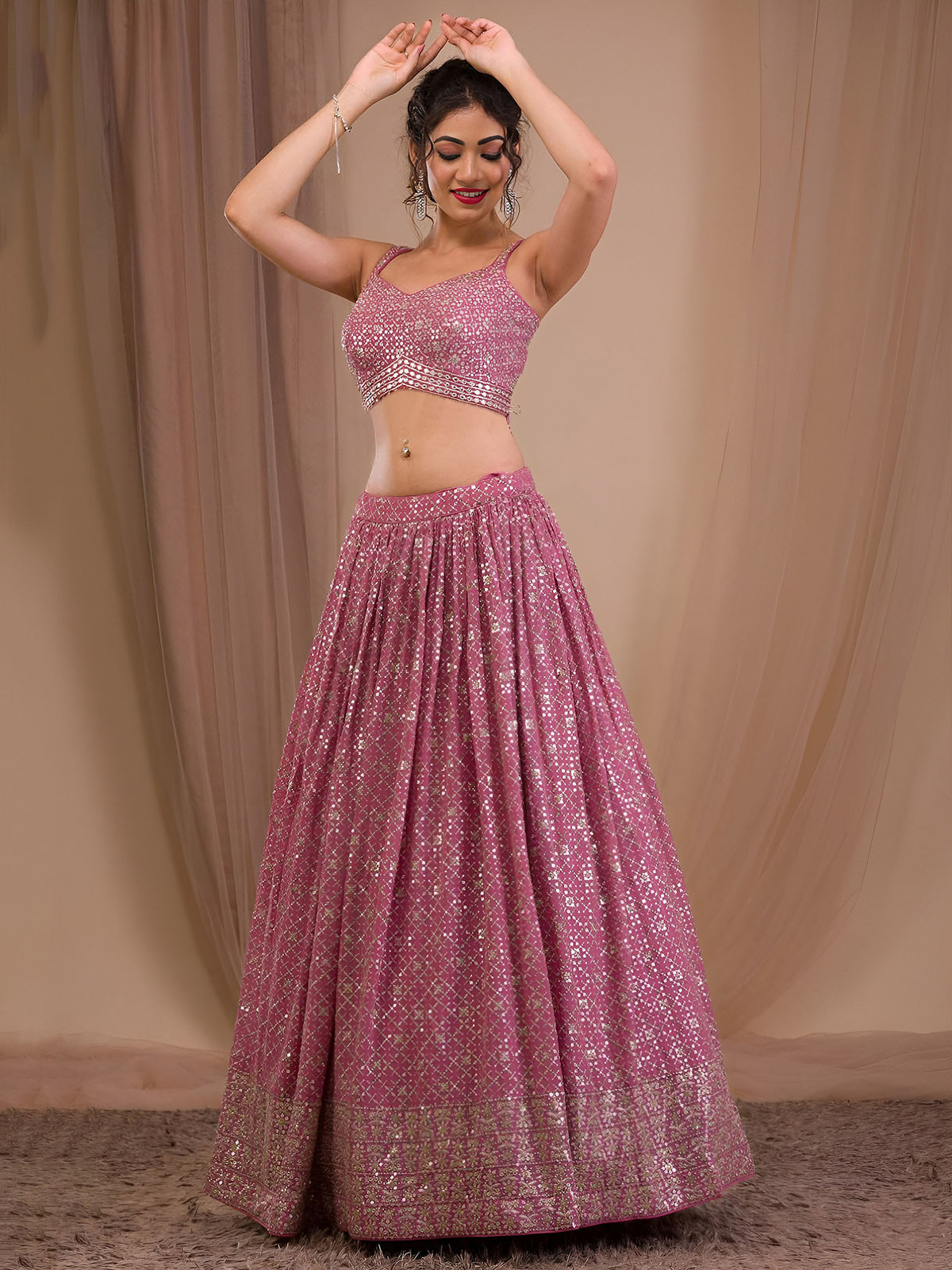 Pink Heavy Zari & Sequins Work Bridesmaid Lehenga for Engagement