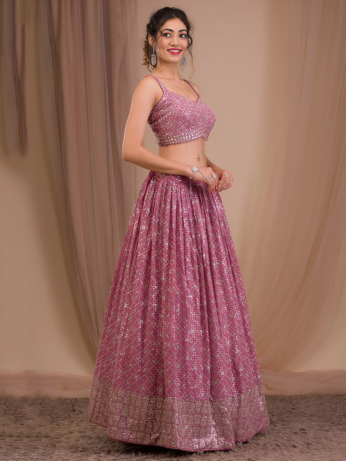 Pink Heavy Zari & Sequins Work Bridesmaid Lehenga for Engagement