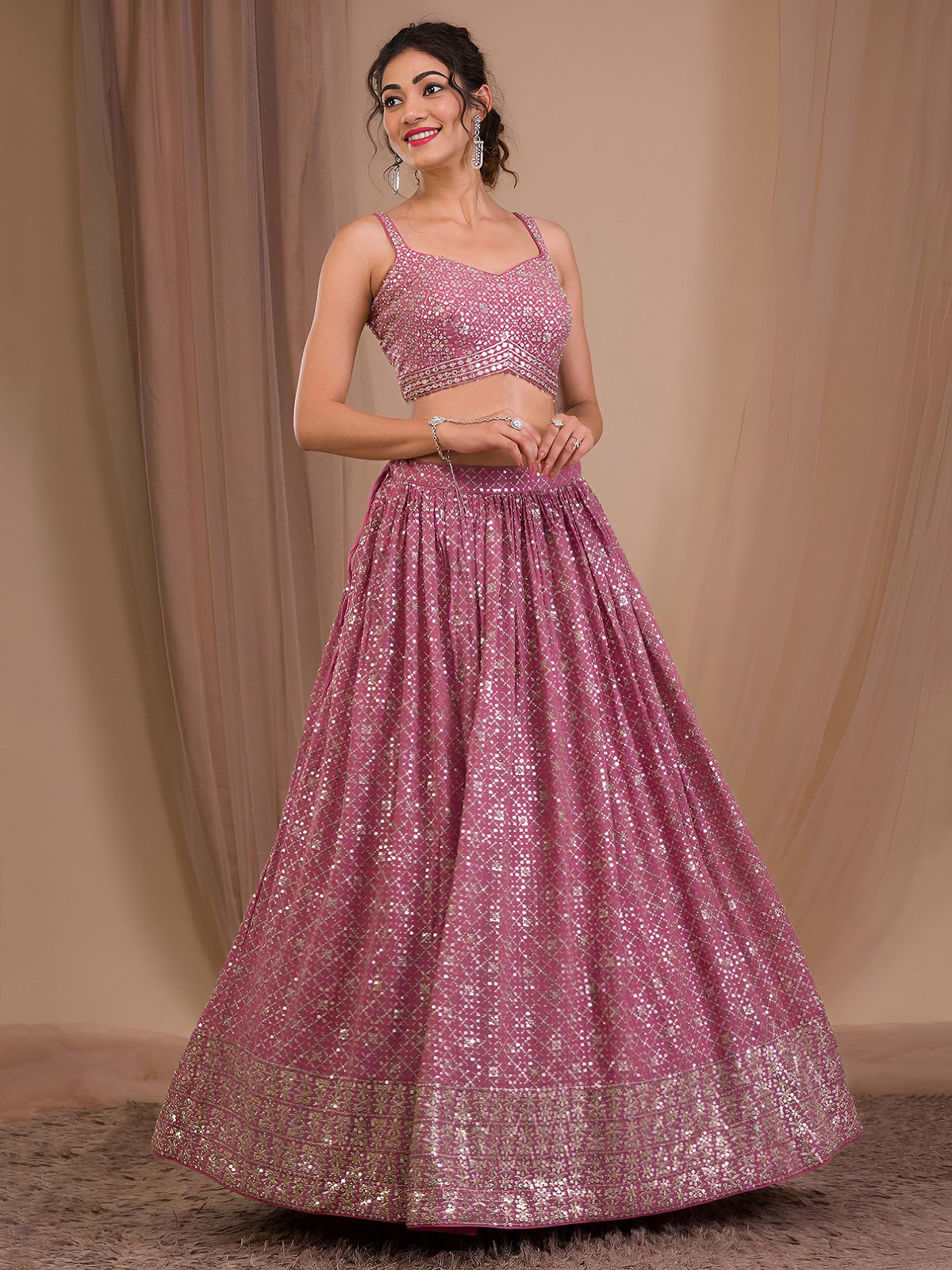 Pink Heavy Zari & Sequins Work Bridesmaid Lehenga for Engagement