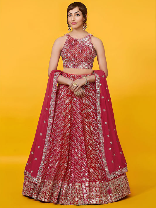 Red Heavy Sequins & Zari Embroidered Georgette Lehenga Choli for Wedding