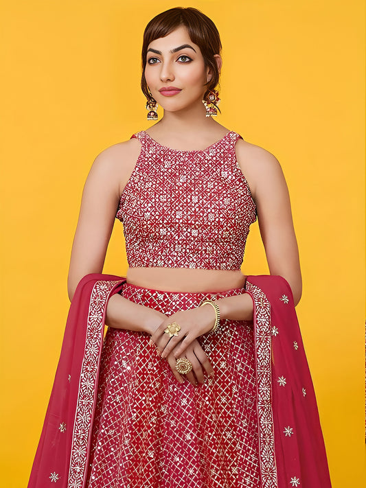 Red Heavy Sequins & Zari Embroidered Georgette Lehenga Choli for Wedding