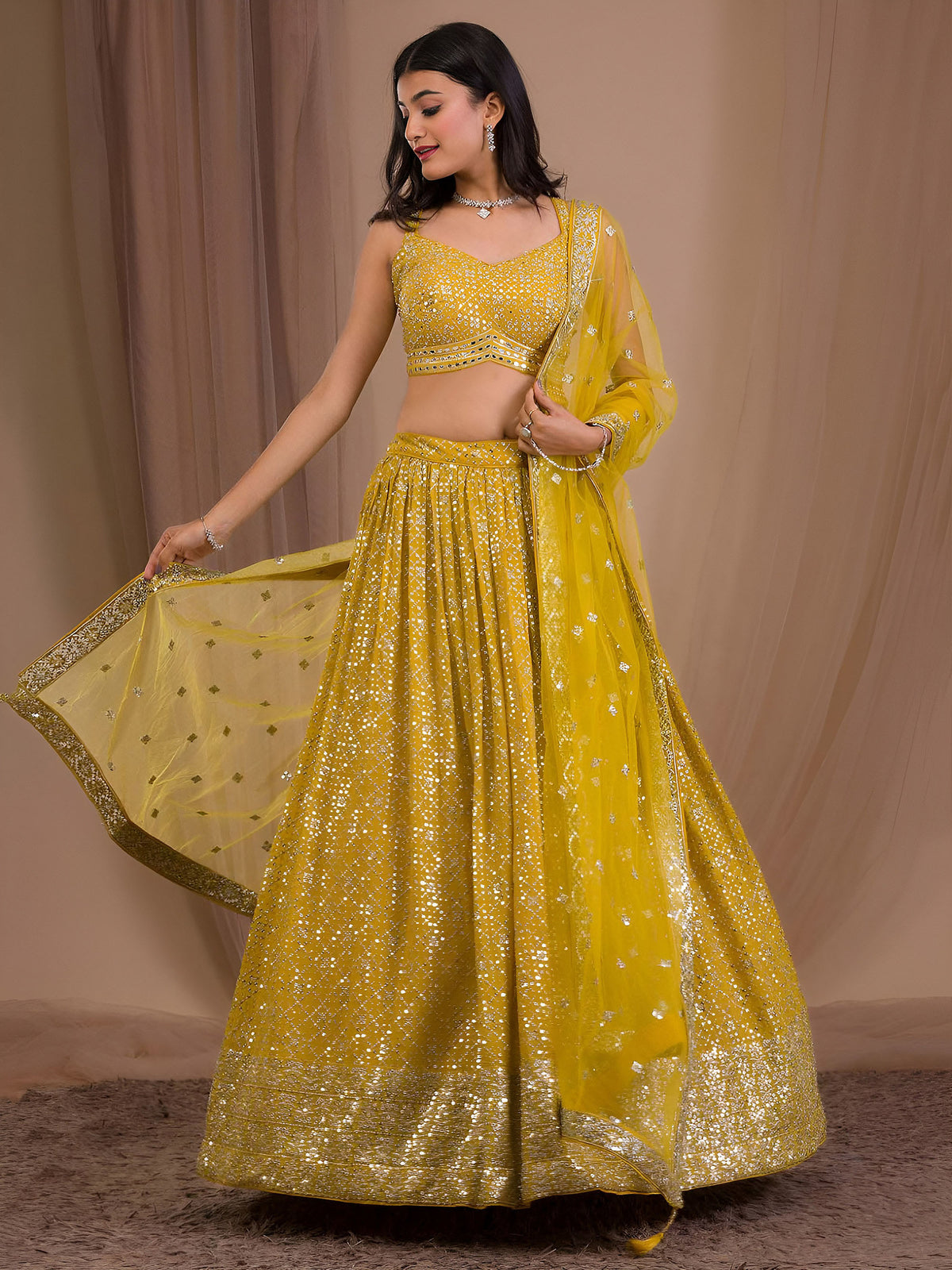 Yellow Heavy Zari & Sequins Work Bridesmaid Lehenga for Haldi
